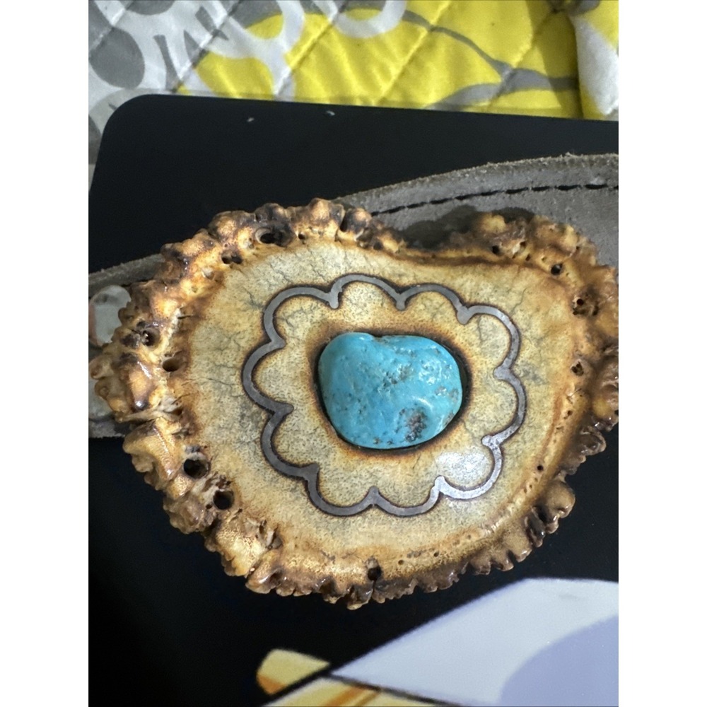Vintage Beautiful Elk Horn mens Belt Buckle With Torquoise